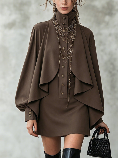 Aldora | Women's Cape Mini Dress Stand Collar - Dark Brown - Image 1