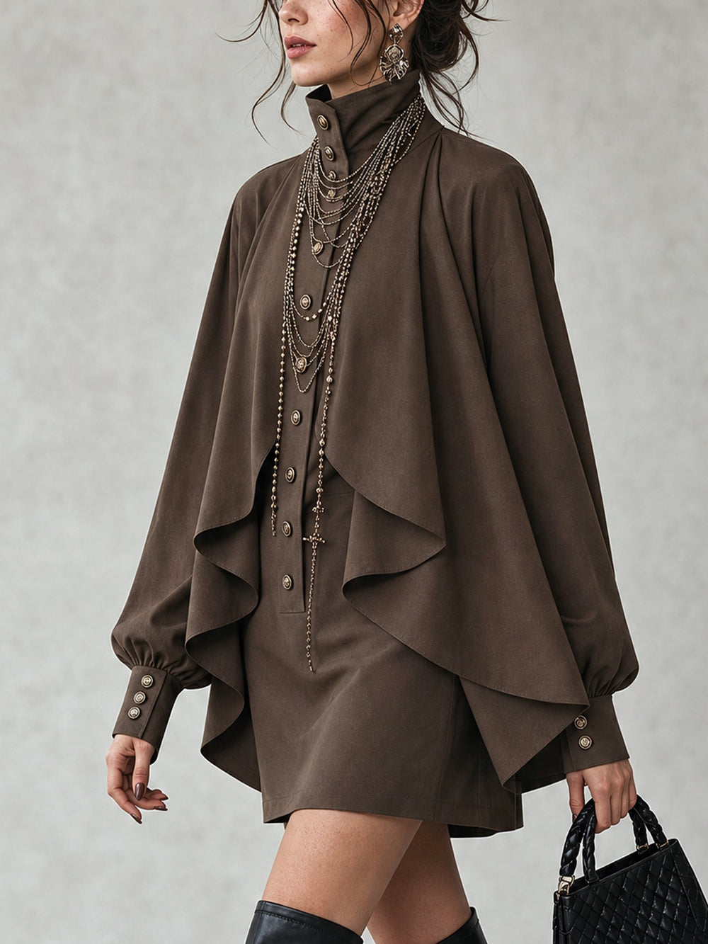 Aldora | Women's Cape Mini Dress Stand Collar - Dark Brown - Image 2