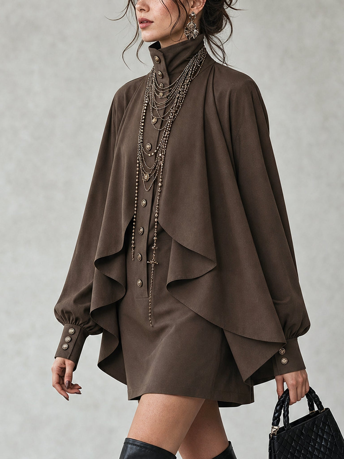 Aldora | Women's Cape Mini Dress Stand Collar - Dark Brown - Image 2