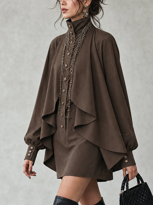 Aldora | Women's Cape Mini Dress Stand Collar - Dark Brown - Image 2