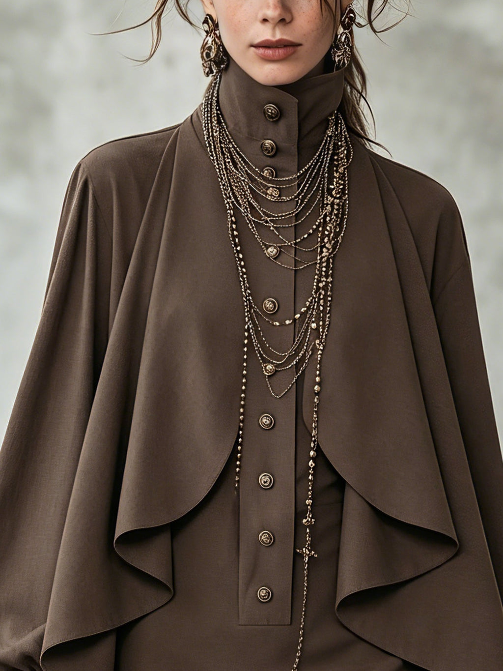 Aldora | Women's Cape Mini Dress Stand Collar - Dark Brown - Image 4
