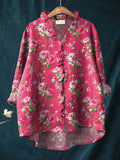 Aldoura | Women's Floral Linen Top Long Sleeve Blouse - Hot Pink - Image 1