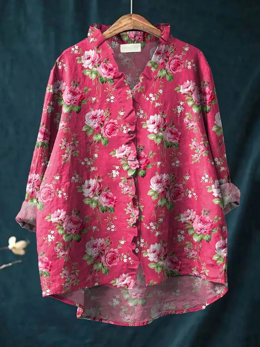 Aldoura | Women's Floral Linen Top Long Sleeve Blouse - Hot Pink - Image 1