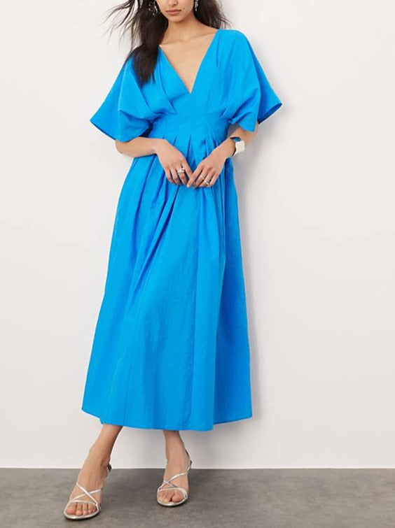 Alveine | Women's Casual Summer Dress V-Neck Midi - Blue - Image 1
