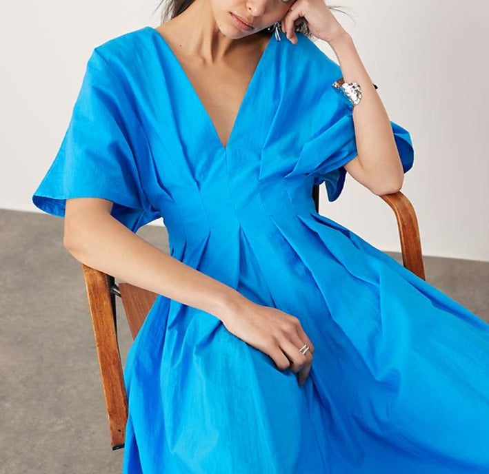 Alveine | Women's Casual Summer Dress V-Neck Midi - Blue - Image 5