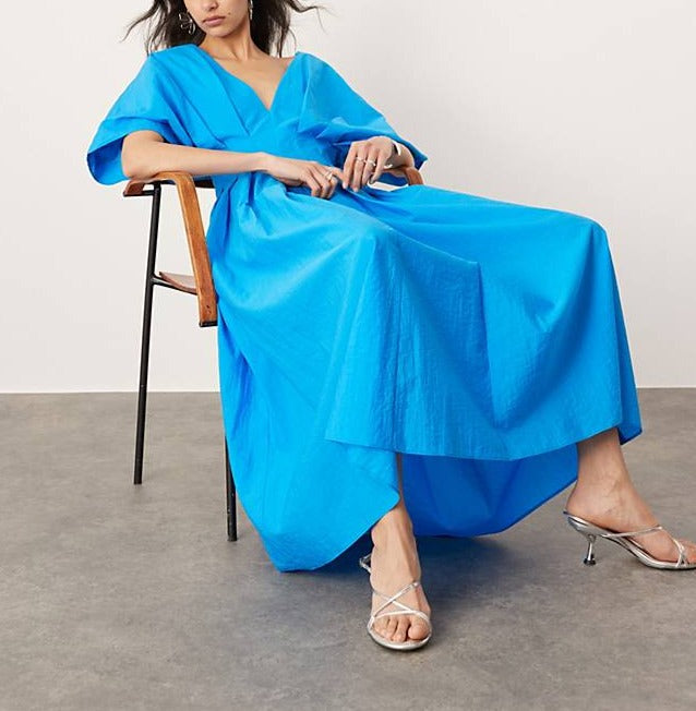 Alveine | Women's Casual Summer Dress V-Neck Midi - Blue - Image 6