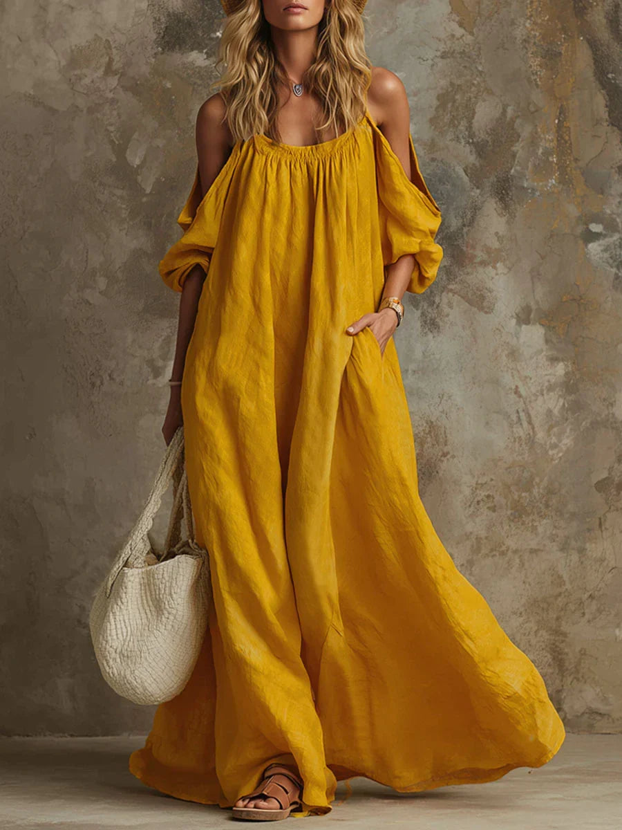 Alvorie | Women's Casual Summer Maxi Dress Cold Shoulder - Yellow - Image 1
