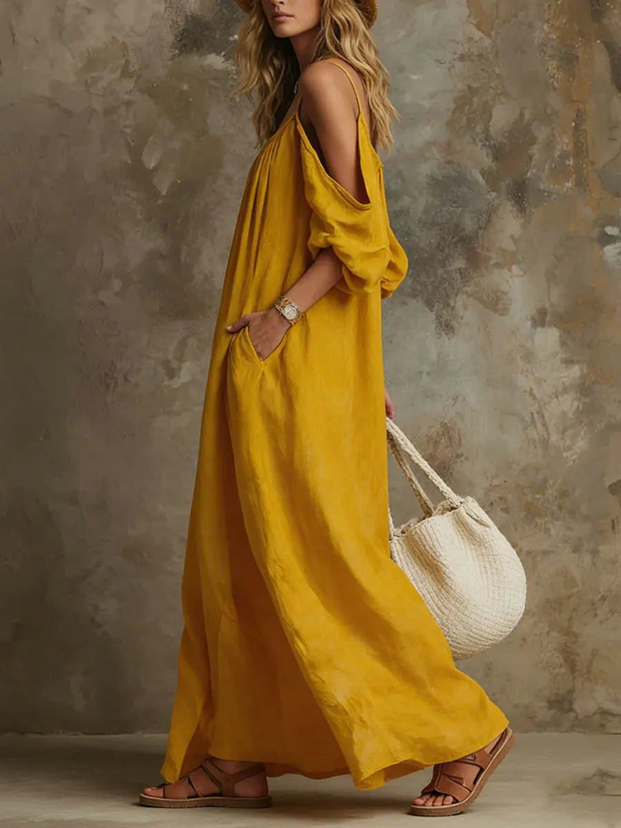 Alvorie | Women's Casual Summer Maxi Dress Cold Shoulder - Yellow - Image 2