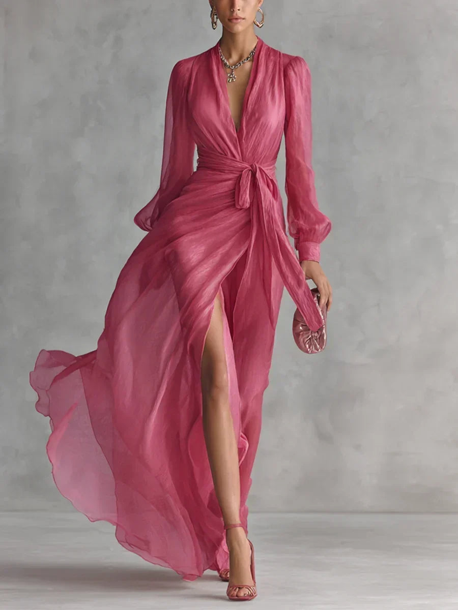 Arvana | Women's Maxi Dress Sheer Wrap Long Sleeve - Pink - Image 1