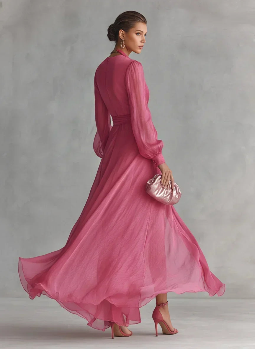 Arvana | Women's Maxi Dress Sheer Wrap Long Sleeve - Pink - Image 2