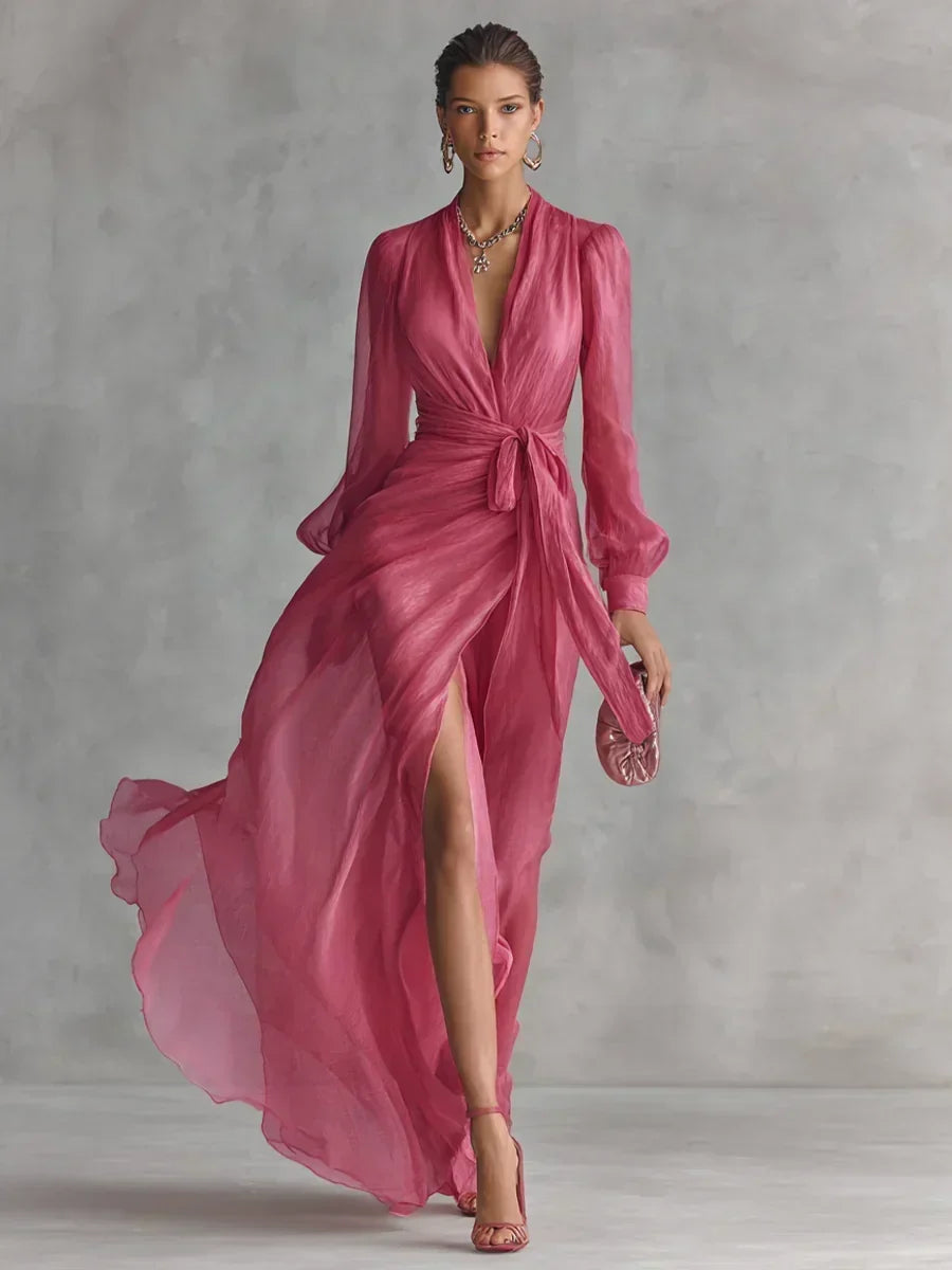 Arvana | Women's Maxi Dress Sheer Wrap Long Sleeve - Pink - Image 3