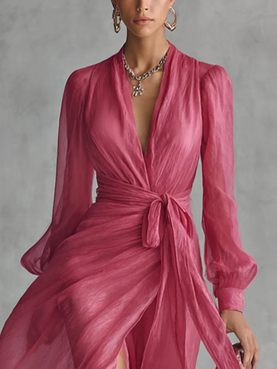 Arvana | Women's Maxi Dress Sheer Wrap Long Sleeve - Pink - Image 4