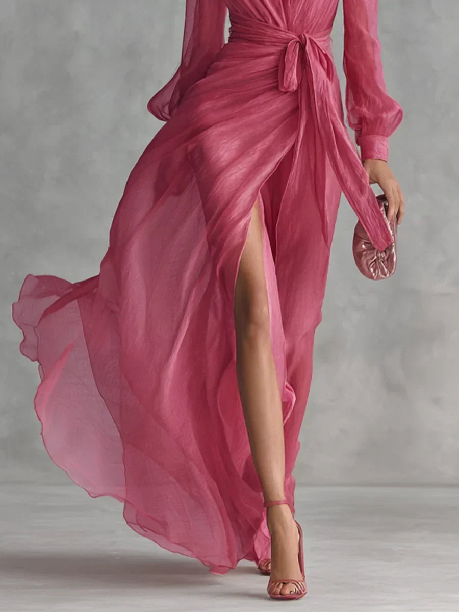 Arvana | Women's Maxi Dress Sheer Wrap Long Sleeve - Pink - Image 5