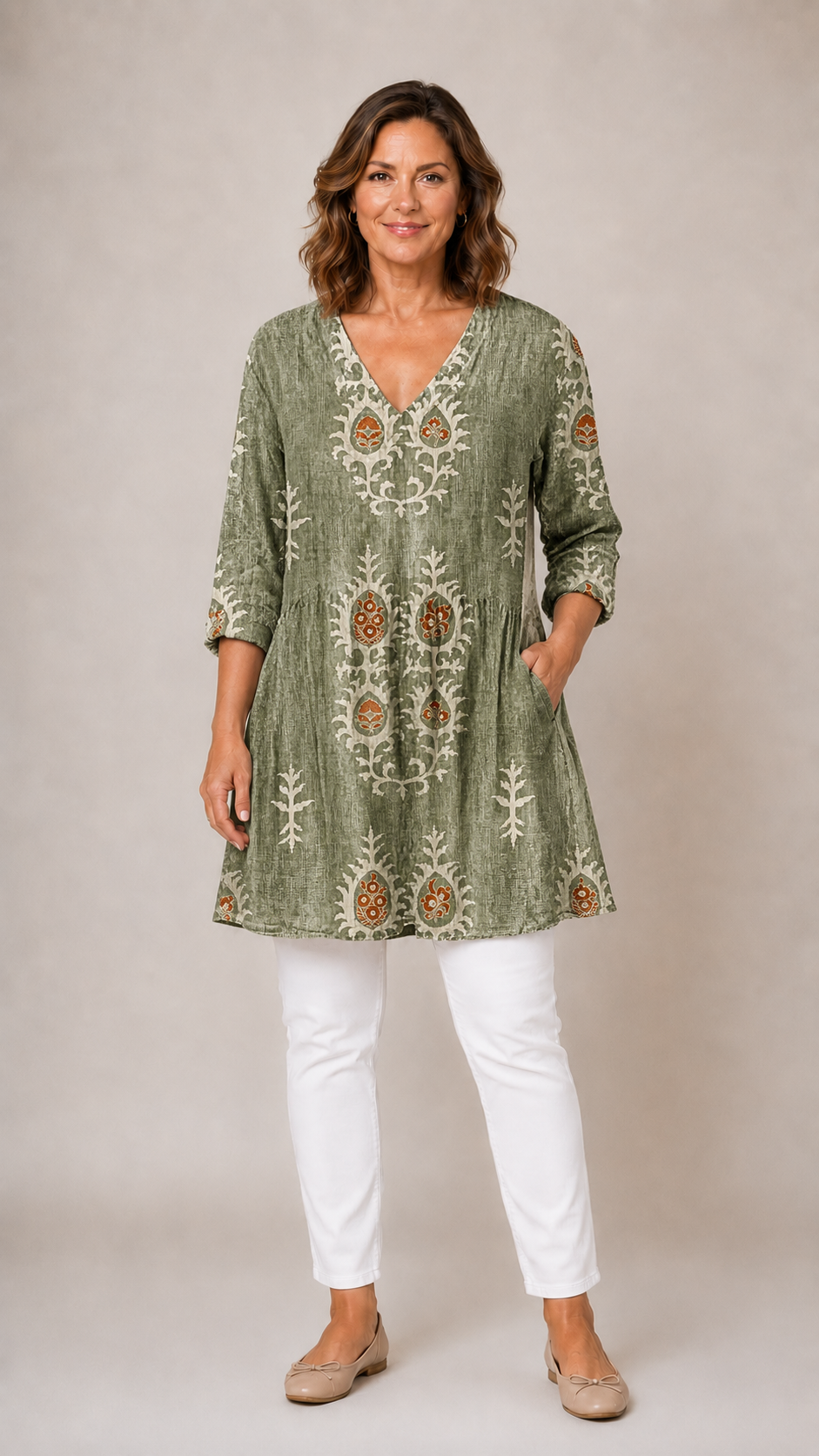 Arvella | Women's Boho Print Linen Tunic Top - Sage - Image 1