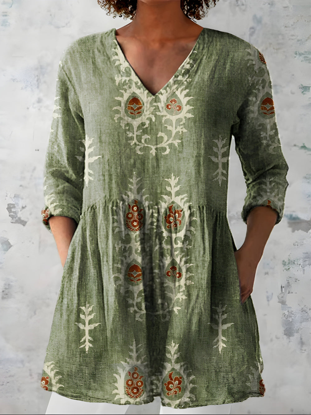Arvella | Women's Boho Print Linen Tunic Top - Sage - Image 2