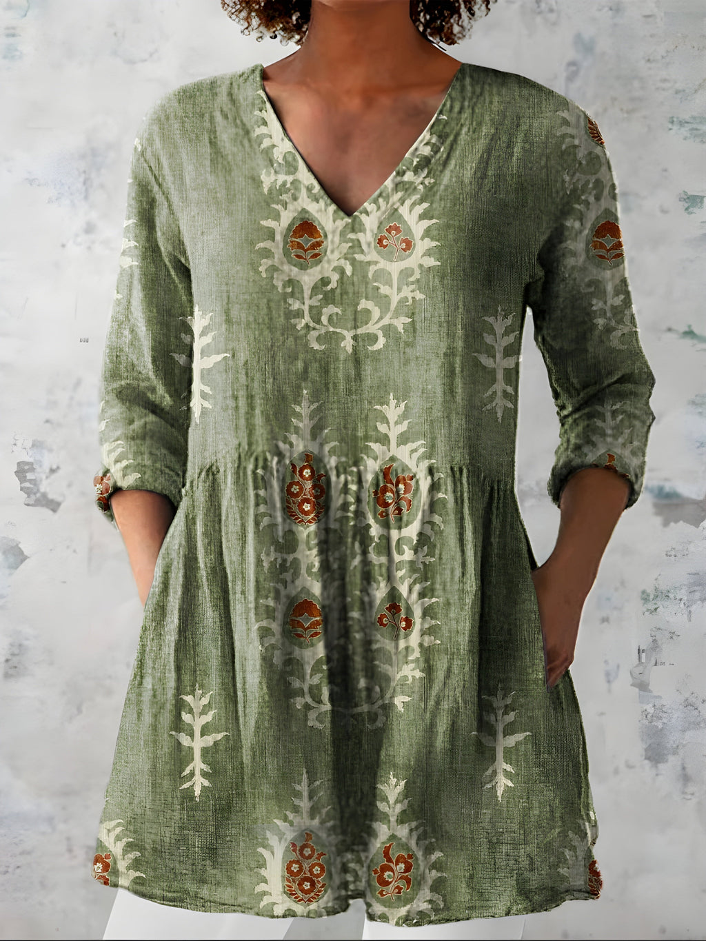 Arvella | Women's Boho Print Linen Tunic Top - Sage - Image 2