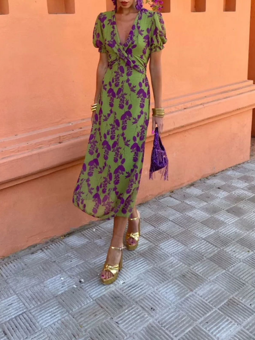 Arvelle | Women's Floral Midi Dress Short Sleeve Wrap - Green - Image 1