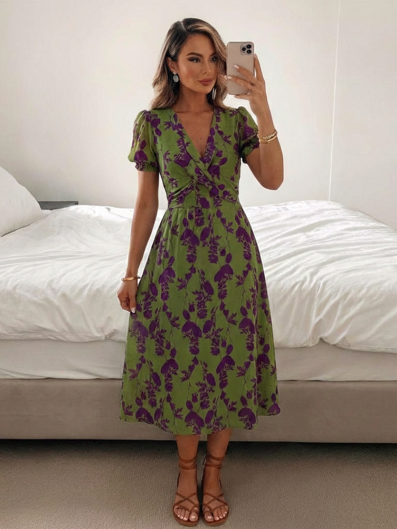 Arvelle | Women's Floral Midi Dress Short Sleeve Wrap - Green - Image 5