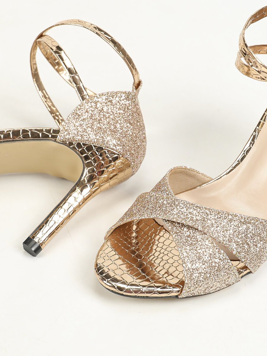 Arvindra | Women's Glitter Heeled Sandals Ankle Strap - Gold - Image 4