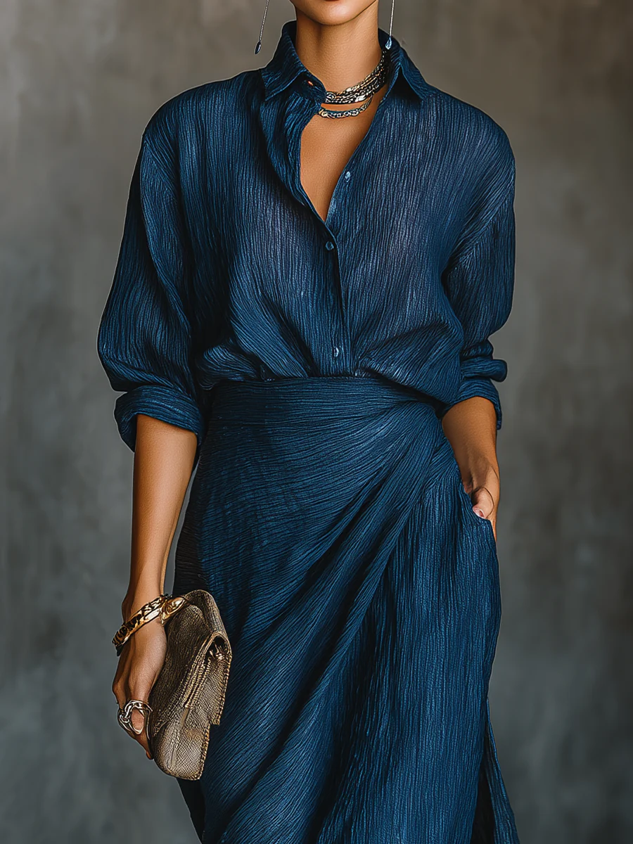 Arvona | Women's Long Sleeve Draped Wrap Maxi Dress - Navy - Image 2