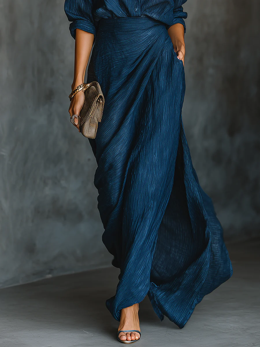 Arvona | Women's Long Sleeve Draped Wrap Maxi Dress - Navy - Image 3
