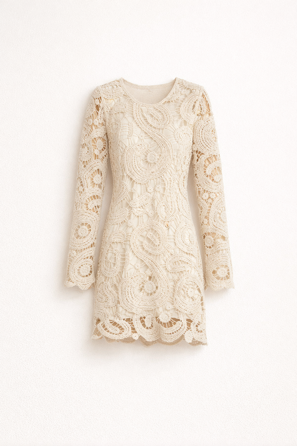 Calienne | Women's Crochet Mini Dress Long Sleeve - Cream - Image 2