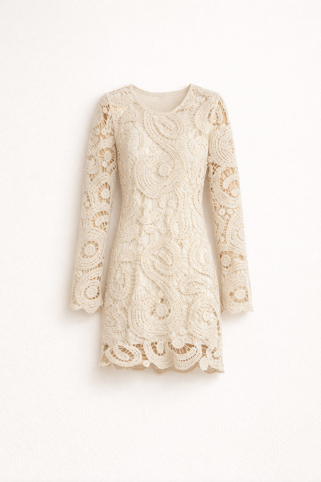 Calienne | Women's Crochet Mini Dress Long Sleeve - Cream - Image 2