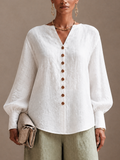 Calindra | Women's Linen Top Long Sleeve Blouse - White - Image 1