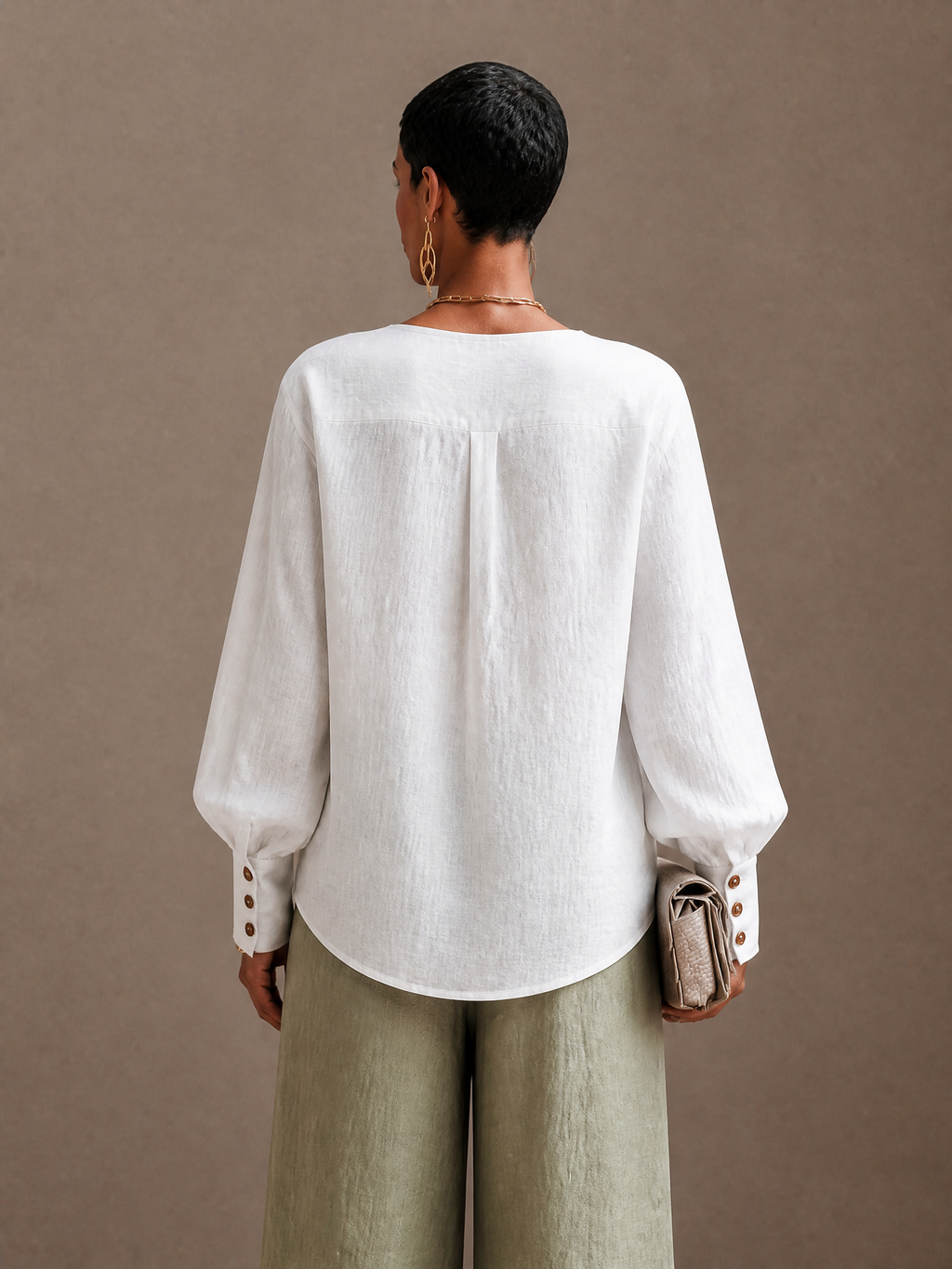 Calindra | Women's Linen Top Long Sleeve Blouse - White - Image 3