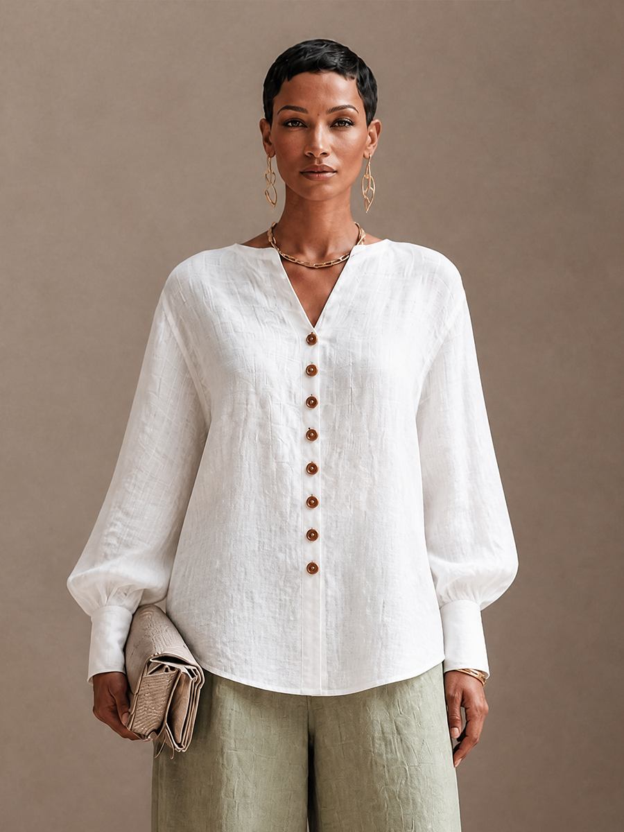 Calindra | Women's Linen Top Long Sleeve Blouse - White - Image 4