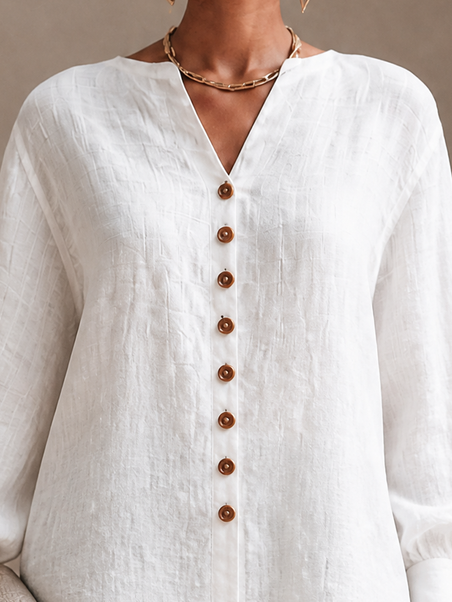 Calindra | Women's Linen Top Long Sleeve Blouse - White - Image 5