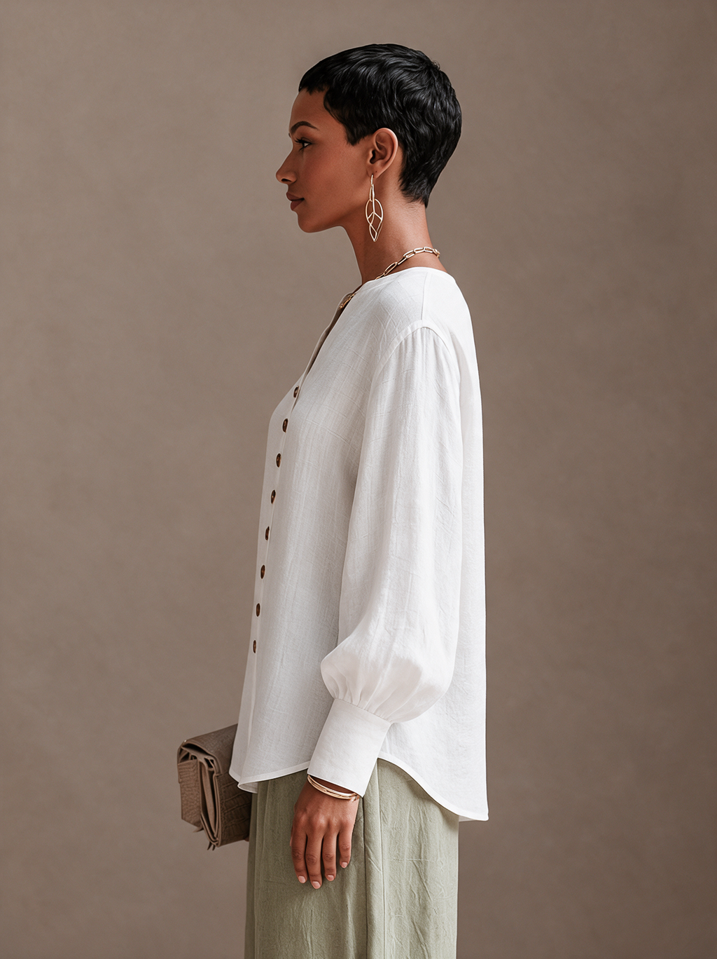 Calindra | Women's Linen Top Long Sleeve Blouse - White - Image 6