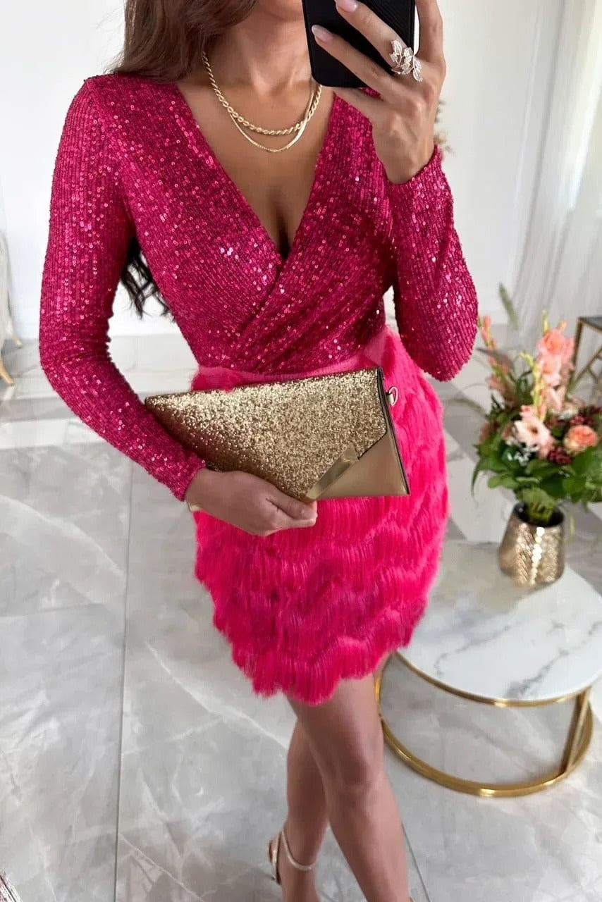 Calixta | Women's Sequin Mini Dress with Fringe Skirt - Image 11