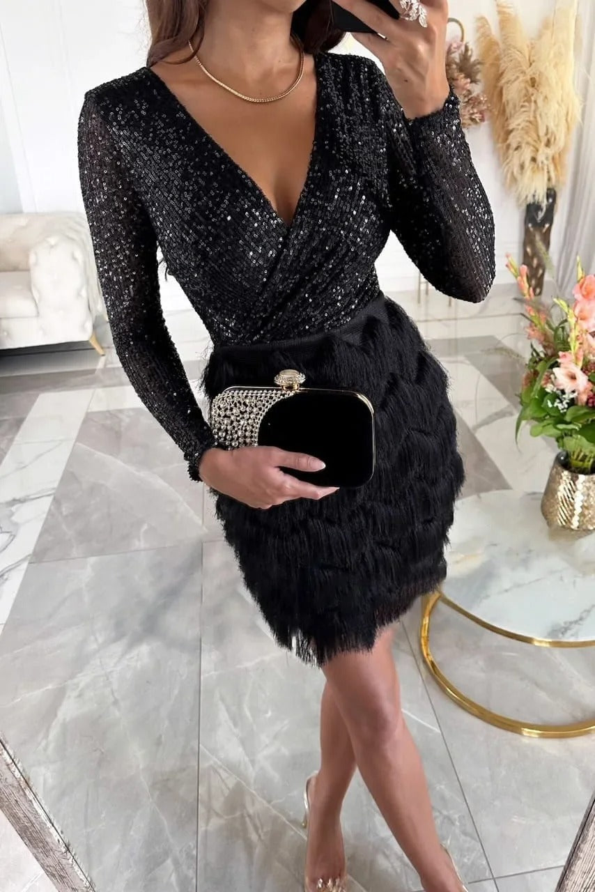 Calixta | Women's Sequin Mini Dress with Fringe Skirt - Image 8