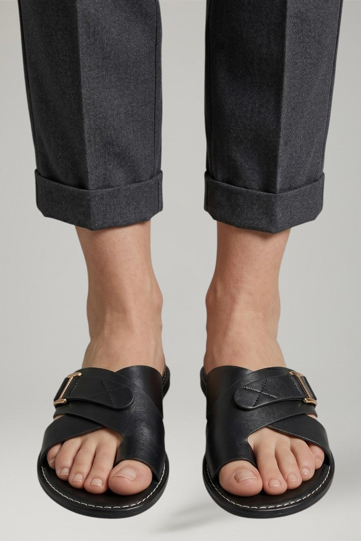 Calloway | Women's Leather Slide Sandals Buckle - Black - Image 1