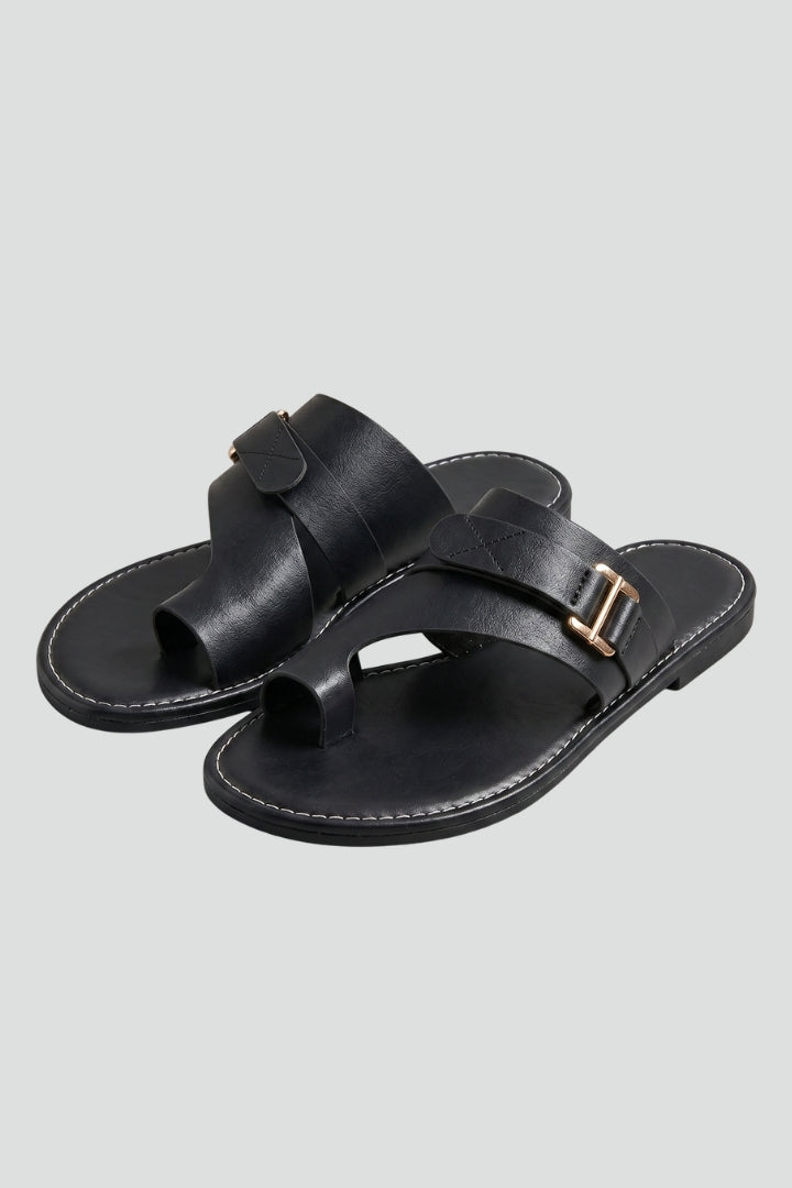 Calloway | Women's Leather Slide Sandals Buckle - Black - Image 2
