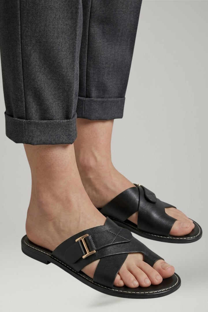 Calloway | Women's Leather Slide Sandals Buckle - Black - Image 4