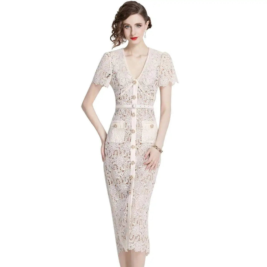 Calvara | Women's Lace Midi Dress Short Sleeve - Cream - Image 1