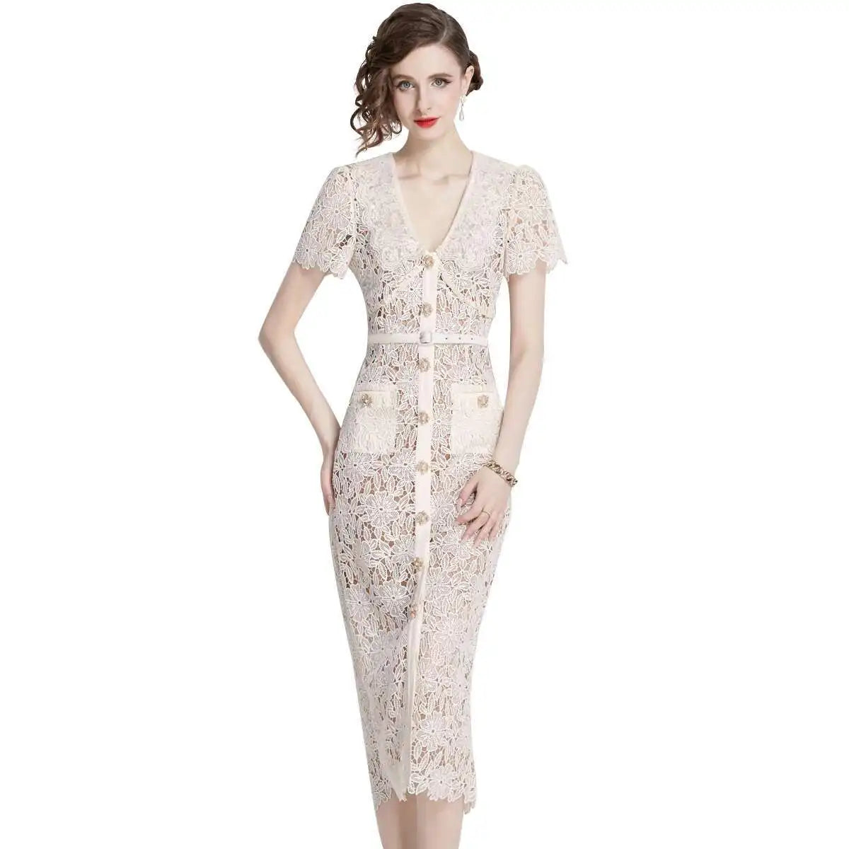 Calvara | Women's Lace Midi Dress Short Sleeve - Cream - Image 1