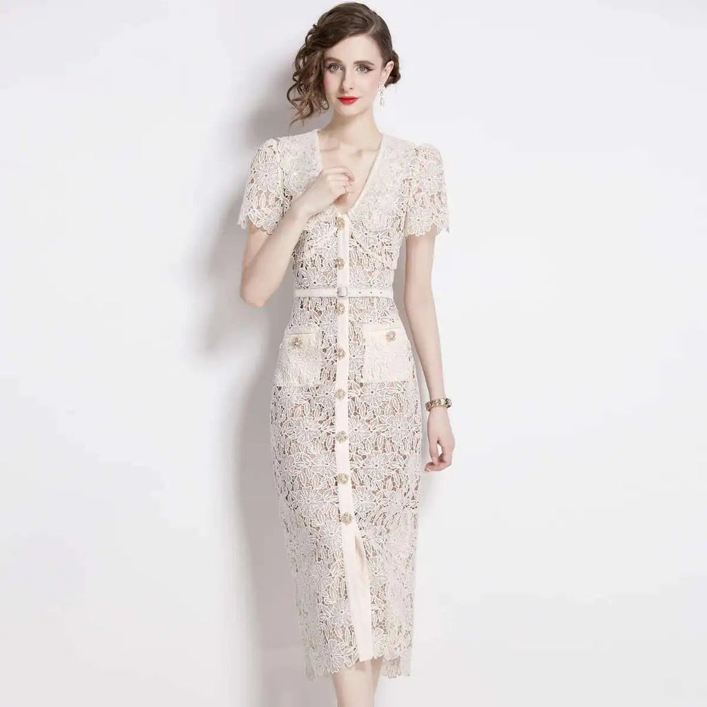 Calvara | Women's Lace Midi Dress Short Sleeve - Cream - Image 2