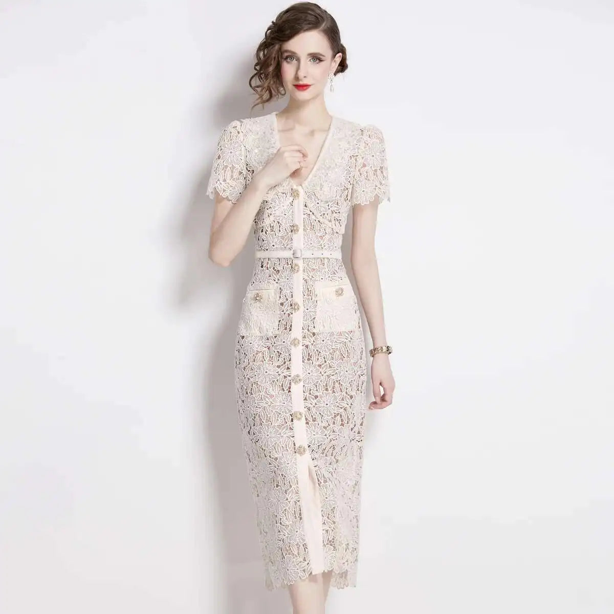Calvara | Women's Lace Midi Dress Short Sleeve - Cream - Image 2