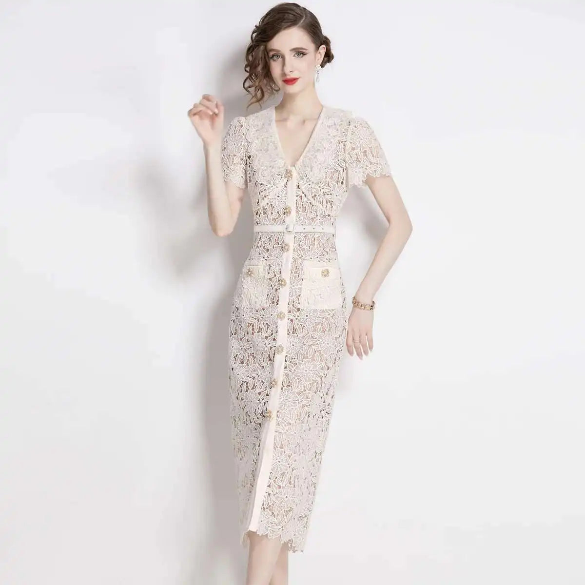 Calvara | Women's Lace Midi Dress Short Sleeve - Cream - Image 3