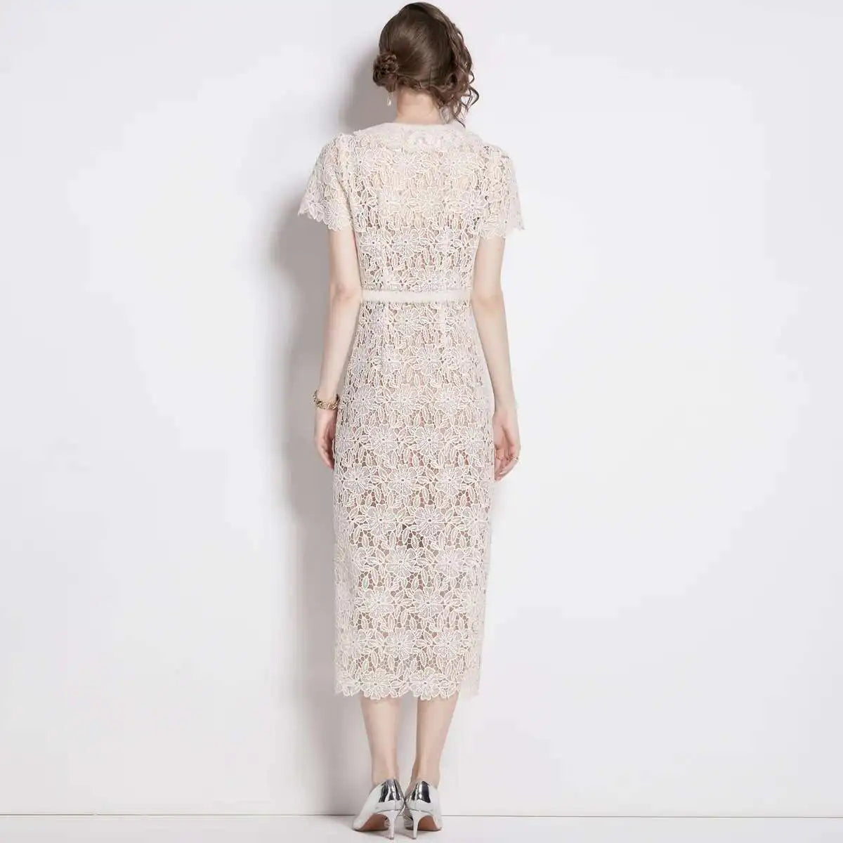 Calvara | Women's Lace Midi Dress Short Sleeve - Cream - Image 4