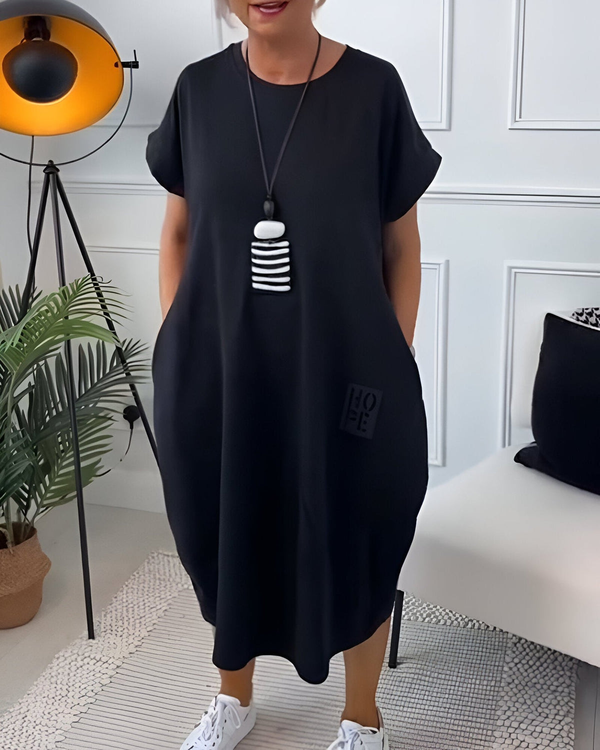 Calvara | Women's Midi Dress Balloon Hem - Black - Image 1