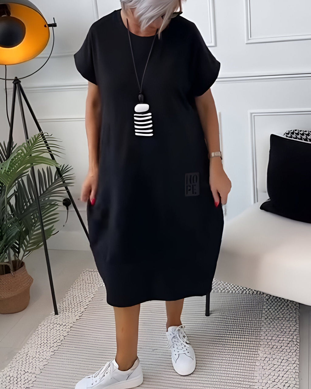 Calvara | Women's Midi Dress Balloon Hem - Black - Image 6
