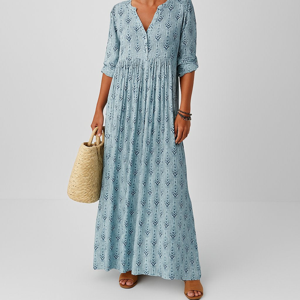 Calvara | Women's Printed Maxi Dress Tiered Skirt - Light Blue - Image 1