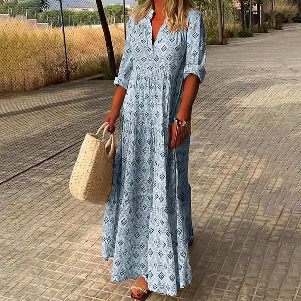 Calvara | Women's Printed Maxi Dress Tiered Skirt - Light Blue - Image 2