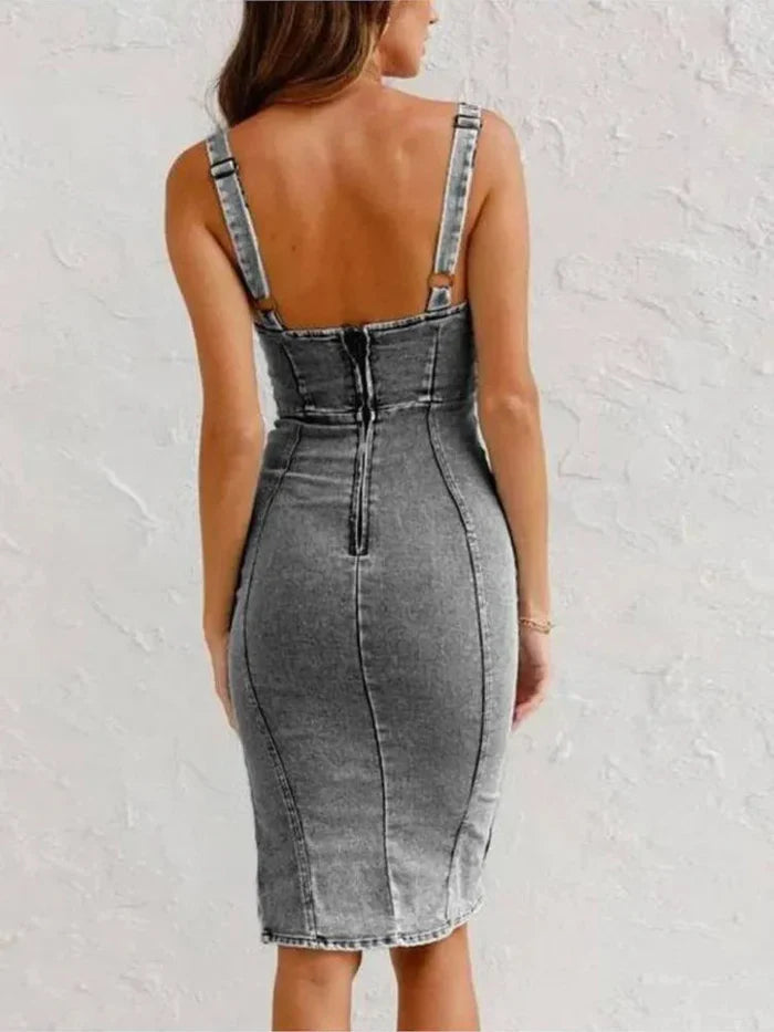 Calveth | Women's Fitted Denim Midi Dress - Light Blue - Image 8