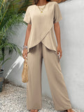 Calveth | Women's Two Piece Set Wide-Leg Trousers - Beige - Image 1