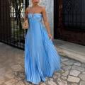 Calveth | Women's Wedding Guest Pleated Halter Maxi Dress - Light Blue - Image 1